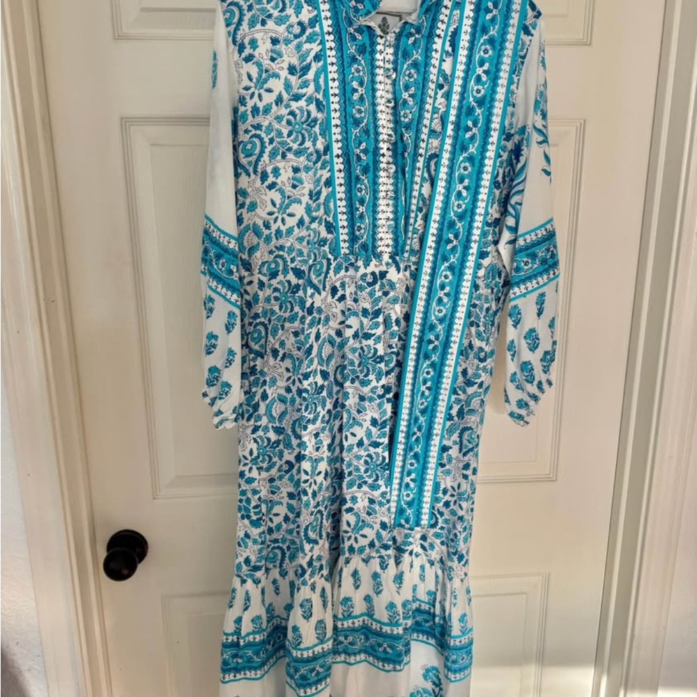 Sue Sartor Flounce Dress Large cerulean/larkspur blue long sleeve